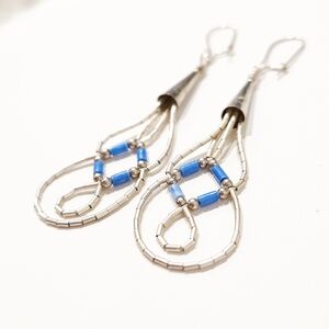 Vintage Sterling Liquid Silver Denim Lapis Blue Stone Long Dangle Earrings 2.75"